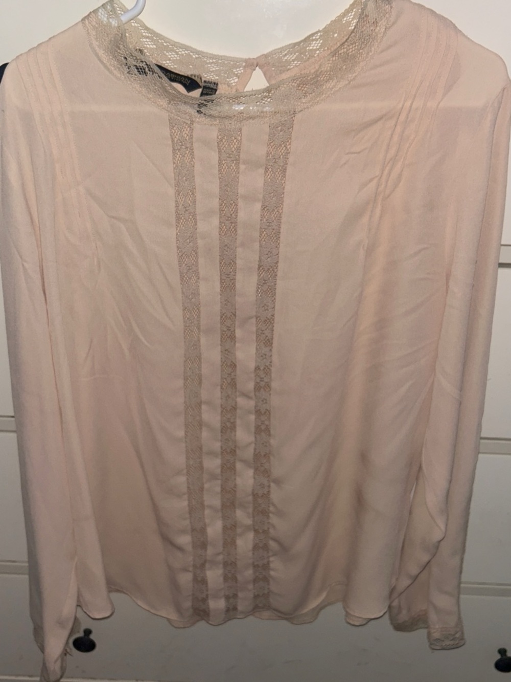 Kardashian Kollection Pale Pink Lace-Trim Long Sleeve Blouse